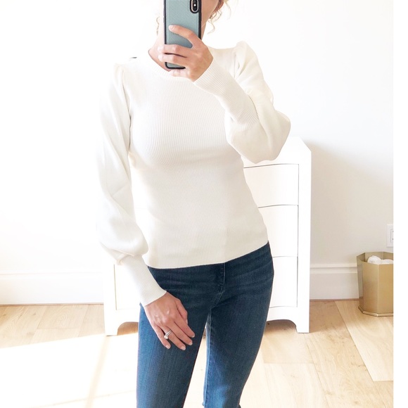 DENMARK White Puff Sleeve Fitted Ribbed Sweater - Picture 3 of 10